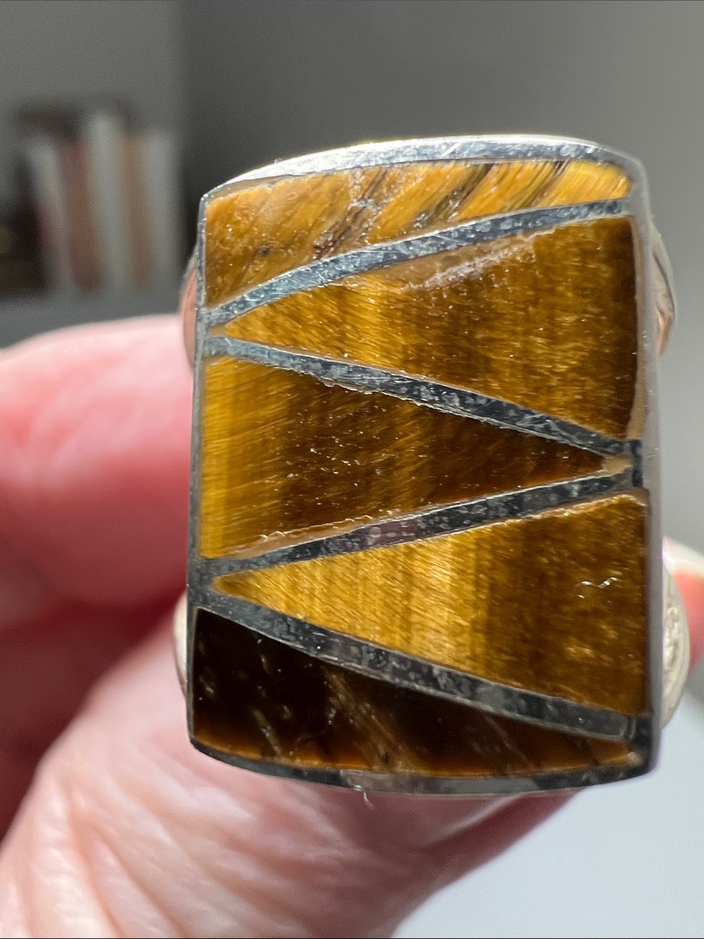 Sterling Silver Tiger's Eye Inlay Statement Ring - Golden Brown - Vintage